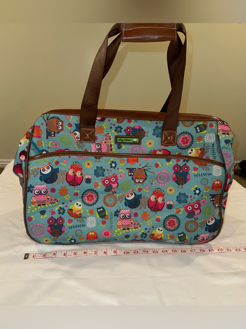 Lily Bloom Owl Rolling Carry On Luggage Bag Weekender Tote Retractable Handle - Picture 13 of 16